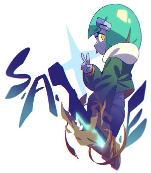 1girl aqua_bikini aqua_hair ass bikini bikini_bottom_only blonde_hair bob_cut chromatic_aberration colored_inner_hair colored_skin english_text flat_ass from_side gleam glowing glowing_sword glowing_weapon green_jacket grey_skin hair_ornament hairclip hamma highres jacket looking_at_viewer mint_star multicolored_hair red_ribbon ribbon sideways_glance swimsuit sword tongue tongue_out torn unwrapping v villain&#039;s_daily_life weapon yellow_lining