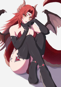 1girl absurdres black_gloves black_thighhighs breasts cleavage closed_mouth dragon_girl dragon_horns dragon_tail dragon_wings elbow_gloves gloves highres horns indie_virtual_youtuber large_breasts leotard looking_at_viewer meibin red_hair red_leotard smile solo tail thighhighs virtual_youtuber wings yellow_eyes zentreya zentreya_(dragon) zentreya_(dragon)_(dungeon_master)