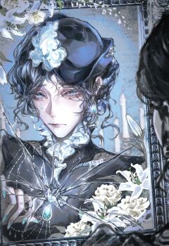 1girl absurdres black_hair black_hat black_shirt border broken_mirror candle chinese_commentary commentary_request earrings facial_mark flower gem green_gem green_nails hat hat_pin highres jelena_(path_to_nowhere) jewelry looking_at_viewer mirror nail_polish necklace path_to_nowhere redrawn reflection reflection_focus shirt solo tangxi teardrop_facial_mark tilted_headwear updo upper_body white_flower