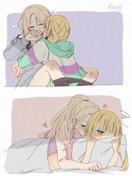 2girls aqua_hoodie between_legs black_pantyhose blonde_hair blush breasts closed_eyes clothed_female_nude_female clothes_pull commentary fujita_kotone gakuen_idolmaster grey_shirt haniwa_hayate highres hood hoodie huge_breasts idolmaster juo_sena kiss kissing_neck kissing_shoulder long_hair lying lying_on_person multiple_girls nude on_stomach pantyhose pantyhose_pull pink_streaks ponytail purple_shirt shirt shoulder_blush squiggle yellow_eyes yuri
