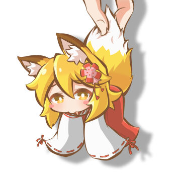 1girl animal_ear_fluff animal_ears blonde_hair blush chibi chibi_only commentary_request flower fox_ears fox_girl fox_tail hair_between_eyes hair_flower hair_ornament hanging highres holding japanese_clothes k.u.n.e. kimono long_sleeves looking_at_viewer miko out_of_frame ribbon_trim senko_(sewayaki_kitsune_no_senko-san) sewayaki_kitsune_no_senko-san shadow short_hair simple_background solo tail white_background wide_sleeves yellow_eyes