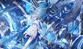 1girl absurdres alternate_color bare_shoulders blue_eyes blue_hair blue_ribbon braid breasts commentary_request dragon dress fate/grand_order fate_(series) hair_over_one_eye hairband highres long_hair looking_at_viewer reluvy ribbon small_breasts smile thighs typhon_(fate) typhon_ephemeros_(fate) typhon_epsilon_(fate) very_long_hair white_dress