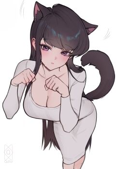 1girl absurdres animal_ears artist_logo black_eyes black_hair blush breasts cat_ears cat_tail cleavage closed_mouth commentary dongtan_dress dress grey_dress hands_up highres kemonomimi_mode komi-san_wa_komyushou_desu komi_shouko large_breasts leaning_forward logo long_hair long_sleeves paw_pose quilm simple_background solo standing tail tight_clothes tight_dress very_long_hair white_background