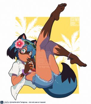 1girl :3 animal_ears artist_name barefoot bikini bikini_top_only black_hair blue_hair blue_shorts blue_tail bob_cut border bracelet brand_new_animal bright_pupils collared_shirt commentary cup cutoffs dark-skinned_female dark_skin denim denim_shorts drink drinking drinking_glass drinking_straw english_commentary feet_up flower from_side furry furry_female green_eyes hair_between_eyes hair_flower hair_ornament hibiscus holding holding_drink holding_drinking_straw jewelry kagemori_michiru leg_up looking_at_viewer looking_to_the_side lying michirutnk midriff mixed-language_commentary multicolored_eyes multicolored_hair navel on_back open_clothes open_shirt outside_border palm_tree pink_flower pixiv_logo pixiv_username raccoon_ears raccoon_girl raccoon_tail red_bikini red_eyes seal_script shirt short_hair short_shorts short_sleeves shorts signature silhouette soles solo swimsuit tail toes tree twitter_username twitter_x_logo two-tone_eyes two-tone_hair watermark white_background white_border yellow_background