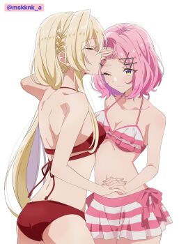2girls 3; amaori_renako ass back bikini bikini_skirt blonde_hair breasts cleavage closed_eyes collarbone commentary_request cowboy_shot forehead frilled_bikini frills from_side hair_ornament highres holding_another&#039;s_hair imminent_kiss kaneko_misaki light_blush long_hair medium_breasts multiple_girls nape_braid navel ouzuka_mai pink_bikini pink_hair profile purple_eyes red_bikini ribbon short_hair signature simple_background striped_bikini striped_clothes swimsuit twitter_username very_long_hair watashi_ga_koibito_ni_nareru_wake_naijan_murimuri! white_background white_bikini x_hair_ornament yuri