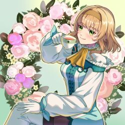 Rule 34 | 1girl, ascot, blonde hair, blue bow, blue dress, blunt bangs, blush, boots, bow, breasts, brown hairband, ch1emon i, closed mouth, collar, commentary request, cup, dress, floral background, flower, frilled collar, frills, gloves, green eyes, hairband, highres, holding, holding cup, long sleeves, looking at viewer, medium breasts, medium hair, natalia luzu kimlasca lanvaldear, pantyhose, pink flower, smile, solo, tales of (series), tales of the abyss, teacup, thigh boots, two-tone dress, white dress, white footwear, white gloves, wrist bow, yellow ascot