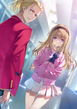1boy 1girl advanced_nurturing_high_school_uniform blazer blonde_hair blue_eyes brown_hairband cardigan closed_mouth commentary_request cover cover_page cowboy_shot hairband hallway hand_on_own_chin hashimoto_masayoshi highres indoors jacket long_hair long_sleeves looking_at_viewer looking_back official_art pink_cardigan pleated_skirt purple_eyes red_jacket school_uniform second-party_source shiraishi_asuka_(youjitsu) short_hair skirt smile standing tomose_shunsaku white_skirt youkoso_jitsuryoku_shijou_shugi_no_kyoushitsu_e
