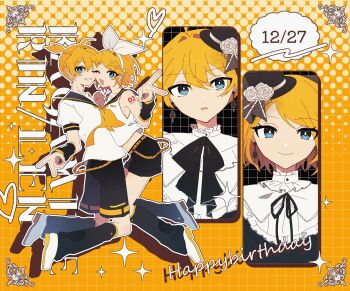 Rule 34 | 1boy, 1girl, ;d, absurdres, ahoge, black hat, black leggings, black sailor collar, black shorts, blonde hair, blue eyes, bow, bow hairband, character name, closed mouth, danjou sora, dated, flower, hairband, happy birthday, hashtag-only commentary, hat, hat flower, heart, highres, kagamine len, kagamine rin, leggings, looking at viewer, neckerchief, one eye closed, open mouth, outline, ponytail, puffy short sleeves, puffy sleeves, sailor collar, shirt, shoes, short ponytail, short sleeves, shorts, sleeveless, sleeveless shirt, smile, sparkle, v, vocaloid, white bow, white flower, white hairband, white outline, white shirt, white shoes, yellow neckerchief