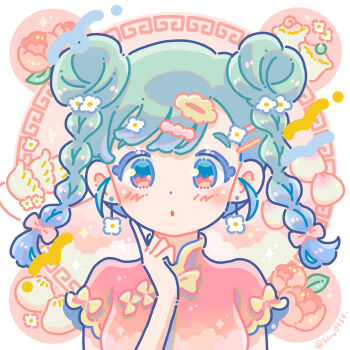 Rule 34 | 1girl, absurdres, blush, braid, china dress, chinese clothes, commentary, dot nose, double bun, dress, flower, green hair, hair bun, hair flower, hair ornament, hand up, highres, hiro046k, index finger raised, long hair, looking at viewer, original, parted lips, portrait, red dress, red eyes, short sleeves, solo, twin braids, twitter username, white flower