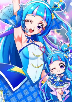 Rule 34 | 1girl, aokaze nana, arm up, armpits, bare shoulders, blue dress, blue hair, blue theme, blush, breasts, brooch, chibi, closed mouth, commentary request, cure wink, detached collar, detached sleeves, dress, hair ornament, headset, heart, heart brooch, highres, idol, idol clothes, idol heart incom, jewelry, kimi to idol precure, long hair, looking at viewer, magical girl, momotarouooi, one eye closed, open mouth, plaid clothes, plaid sleeves, precure, presenting armpit, purple eyes, purple hair, short sleeves, small breasts, smile, solo, very long hair