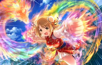 Rule 34 | 1girl, brown eyes, brown hair, china dress, chinese clothes, cloud, dragon, dress, game cg, horns, idolmaster, idolmaster cinderella girls, idolmaster cinderella girls starlight stage, magic, mimura kanako, motion lines, mountain, official art, open mouth, punching