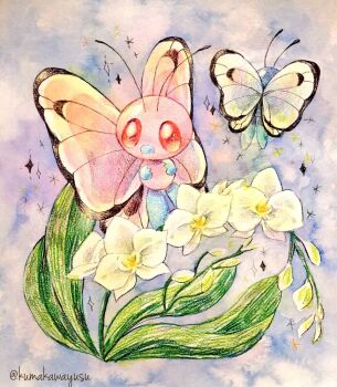 Rule 34 | alternate color, animal focus, bug, butterfly, butterfree, flower, full body, gen 1 pokemon, insect, nintendo, no humans, non (kumakawayusu), orchid, pokemon, pokemon (creature), purple background, red eyes, sparkle, traditional media, twitter username, watercolor pencil (medium), white flower