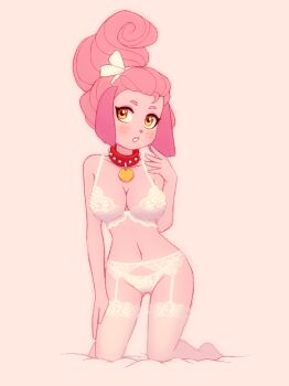 Rule 34 | 1girl, ankama, bra, breasts, collar, colored skin, dofus, garter belt, garter straps, gluteal fold, kempferzero, kneeling, lingerie, lou (dofus), panties, pink hair, pink skin, pink theme, solo, source request, underwear, wakfu, yellow eyes
