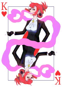 1girl :d absurdres belt black_gloves black_jacket bolo_tie breasts card cigarette colored_smoke earrings evangeline_morgan folded_ponytail freckles gloves highres jacket jewelry king_(playing_card) king_of_hearts_(playing_card) long_sleeves medium_breasts morgan-fan1 of_the_devil open_mouth playing_card playing_card_theme red_eyes red_hair shirt smile smoke smoking stud_earrings upside-down white_shirt