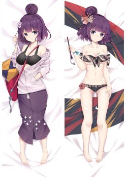1girl aqua_ribbon bare_arms bare_legs barefoot bed_sheet bikini black_bikini black_sports_bra blue_eyes blunt_bangs blush breasts cleavage closed_mouth collarbone dakimakura_(medium) fate/grand_order fate_(series) floral_print flower frilled_bikini frills from_above front-tie_bikini_top front-tie_top full_body gluteal_fold hair_bun hair_flower hair_ornament hair_ribbon hand_in_pocket holding holding_brush jacket katsushika_hokusai_(fate) large_breasts long_hair looking_at_viewer lying moeanime off_shoulder on_back open_clothes open_jacket pink_ribbon print_bikini purple_hair purple_skirt ribbon skirt smile solo split_screen sports_bra swimsuit underboob white_jacket wrist_ribbon
