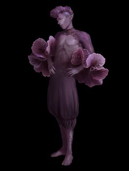 Rule 34 | 1boy, bare pectorals, barefoot, black background, cropped jacket, fleshgardens, full body, fungi, funguary, gender transitioning, hands on own hips, highres, lips, male focus, mastectomy scar, mushroom boy, no nipples, original, pectorals, personification, pointy ears, puffy pants, realistic, scar, scar on chest, simple background, solo