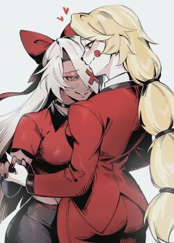 2girls absurdres ass black_nails blonde_hair blush bow charlie_morningstar circle_facial_mark colored_sclera colored_skin couple demon_girl formal_clothes grey_skin hair_bow hair_over_one_eye hazbin_hotel heart hellaverse highres holding_hands kazuya_(kozun) long_hair multi-tied_hair multiple_girls pink_sclera red_bow red_eyes red_suit simple_background smile suit vaggie very_long_hair white_skin yellow_sclera yuri