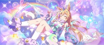 1girl ahoge animal_ears ankle_cuffs aqua_bow arm_strap arm_support armpit_crease bare_shoulders bell_sleeves blonde_hair blue_bow blue_butterfly blue_clouds blue_dress blue_sleeves bow braid breasts brooch bug butterfly choker cleavage closed_eyes closed_mouth cloud cloudy_sky detached_sleeves dress dress_bow electricity fairy fur_choker game_cg glowing_butterfly gradient_sleeves hair_bow hand_up high_heels highres horns horse_ears index_finger_raised insect iris_(konosuba) jewelry kemonomimi_mode kneehighs knees_together_feet_apart kono_subarashii_sekai_ni_shukufuku_wo! konosuba!_fantastic_days layered_sleeves leg_tattoo long_hair looking_at_creature multicolored_hair multiple_hair_bows official_alternate_costume official_alternate_hair_color official_art on_cloud pink_butterfly pink_choker pink_clouds pink_streaks purple_footwear rainbow side_braid single_horn sitting sky sleeveless sleeveless_dress small_breasts smile socks solo spaghetti_strap star_(sky) star_(symbol) star_brooch starry_sky streaked_hair sundress tattoo two-tone_dress two-tone_hair two-tone_sleeves unicorn_girl white_dress white_sleeves white_socks