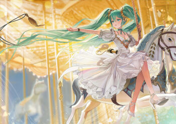 1girl :o absurdres alternate_costume aqua_eyes aqua_hair blurry breasts carousel character_doll choker cleavage collarbone crossed_legs depth_of_field doll dress floating_hair frilled_dress frills gear_hair_ornament green_choker green_hair green_nails green_ribbon hair_between_eyes harness hatsune_miku high_heels highres horse horseback_riding lessa long_hair mount outstretched_arm parted_lips ribbon ribbon_choker riding short_sleeves sidelocks sky small_breasts solo sparkle twintails very_long_hair vocaloid white_dress white_footwear white_horse wristband