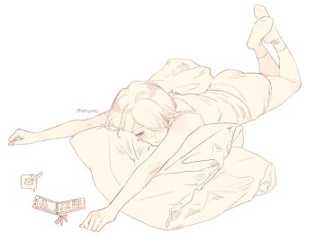 1girl abcd0060 arms_up bare_arms bare_shoulders blush camisole cellphone closed_mouth commentary earrings english_commentary feet_up flip_phone full_body hair_over_one_eye highres jewelry lying mixed-language_commentary monochrome no_shoes notification on_stomach outstretched_arms panties persona persona_3 phone pillow sepia short_hair smile socks solo spaghetti_strap stud_earrings takeba_yukari text_messaging underwear white_background