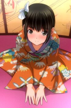 1girl black_hair blush brown_eyes floral_print flower hair_flower hair_ornament highres japanese_clothes kimono long_sleeves looking_at_viewer matsunaga_kouyou obi original print_kimono red_kimono sash short_hair sitting smile white_flower wide_sleeves