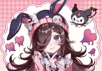 1girl animal_ears bin_ze_u blush brown_hair ears_through_headwear frilled_shirt frills hair_over_one_eye hashtag-only_commentary hat heart highres horse_ears horse_girl kuromi long_hair long_sleeves looking_at_viewer pink_shirt purple_eyes rice_shower_(umamusume) sanrio shirt skull smile tongue tongue_out umamusume upper_body v