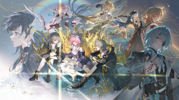 3boys 6+girls absurdres aglaea_(honkai:_star_rail) anaxa_(honkai:_star_rail) animal_ears animal_hood aqua_eyes aqua_hair back_tattoo black_boots black_coat black_gloves black_leotard black_pants blonde_hair blue_eyes boots breasts caelus_(honkai:_star_rail) cat_ears cat_girl cat_hood chinese_commentary chrysos_heirs_(honkai:_star_rail) cipher_(honkai:_star_rail) cleavage coat commentary_request cyrene_(aedes_elysiae)_(honkai:_star_rail) cyrene_(honkai:_star_rail) dress eyepatch gloves gold_boots green_hair grey_hair guaisanmu hair_ornament highres honkai:_star_rail honkai_(series) hood hyacine_(honkai:_star_rail) hysilens_(honkai:_star_rail) jewelry large_breasts leotard long_hair medium_hair multicolored_hair multiple_boys multiple_girls mydei_(honkai:_star_rail) necklace pants pink_hair purple_coat rainbow red_dress red_tank_top shirt short_hair stelle_(honkai:_star_rail) tank_top tattoo thighs thread trailblazer_(honkai:_star_rail) twintails two-tone_hair wheat white_shirt yellow_eyes