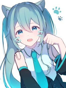 Rule 34 | 1girl, animal ear fluff, animal ears, aqua eyes, aqua hair, aqua necktie, aqua trim, black skirt, cat day, cat ears, collared shirt, detached sleeves, drawn whiskers, hair between eyes, hatsune miku, highres, long hair, long sleeves, looking at viewer, necktie, open mouth, paw pose, pleated skirt, shirt, simple background, skirt, sleeveless, solo, twintails, very long hair, vocaloid, white background, white shirt, wide sleeves, yomomo14