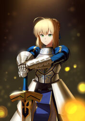 Rule 34 | &gt;:(, 1girl, absurdres, ahoge, armor, armored dress, artoria pendragon (all), artoria pendragon (fate), blonde hair, blue dress, blurry, blurry background, braid, dark background, dress, fate/grand order, fate/stay night, fate (series), gauntlets, gold trim, green eyes, hair between eyes, hair bun, highres, holding, holding sword, holding weapon, juliet sleeves, leaning on object, light particles, long sleeves, looking at viewer, medium hair, puffy sleeves, saber (fate), sidelocks, single braid, standing, sword, v-shaped eyebrows, weapon, xogus1025