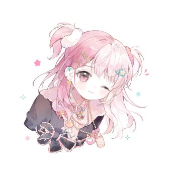 1girl badge baonu_de_zhanshen_caibutou black_bow black_jacket bow chinese_commentary closed_mouth collared_shirt commentary_request cropped_torso dot_nose ear_piercing eyelashes frilled_bow frills fur-trimmed_jacket fur_trim gyaru hair_ornament hair_scrunchie hairclip happy head_tilt heart heart_hair_ornament highres infinity_nikki jacket light_blush light_particles long_hair long_sleeves making-of_available multicolored_hair nikki_(series) notice_lines oboreru_bed_de_tenshi_no_negao_o_mitaidake. one_eye_closed piercing pink_eyes pink_hair pink_scrunchie pink_shirt ribbon ribbon_earrings rosie_sweetheart_(infinity_nikki) scrunchie shirt simple_background smile solo split-color_hair star_(symbol) star_hair_ornament tamagotchi_(virtual_pet) two_side_up virtual_pet_(toy) waist_bow white_background white_scrunchie y2k_fashion yellow_ribbon