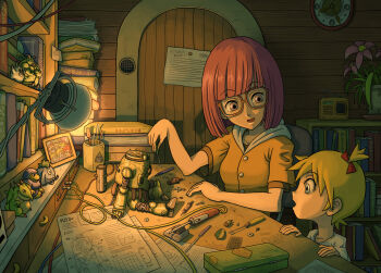 2girls aged_down blonde_hair blue_eyes book cameo chair chrono_(series) chrono_cross chrono_trigger door female_focus flower ginga_(pixiv26897) glasses kid_(chrono_cross) lucca_ashtear multiple_girls plant purple_eyes purple_hair radio robo_(chrono_trigger) screwdriver short_hair sitting tools