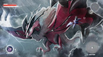 1girl above_clouds absurdres black_hat black_shoes brown_hair cloud commentary_request crobat film_grain floating_hair floofy_viixen flying gen_2_pokemon gen_6_pokemon glowing glowing_eyes hat highres jacket kneeling legendary_pokemon lightning nintendo outdoors pokemon pokemon_(creature) riding riding_pokemon shoes static storm user_interface yveltal