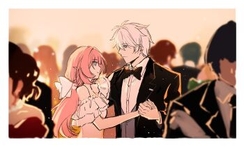 4boys 6+girls black_bow black_bowtie black_vest blue_eyes blush border bow bowtie breasts commentary_request dancing dress elf elysia_(honkai_impact) formal_clothes highres holding_hands honkai_(series) honkai_impact_3rd kevin_kaslana medium_breasts multiple_boys multiple_girls people pink_hair pointy_ears shirt smile star_(zhongyan88528) suit vest white_border white_dress white_hair white_shirt