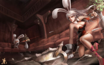 1girl animal_ears battle_bunny_riven breasts cleavage dart fake_animal_ears foliage goggles large_breasts league_of_legends long_hair necktie no_legwear playboy_bunny rabbit_ears red_eyes riven_(league_of_legends) sword teemo vase weapon white_hair yordle