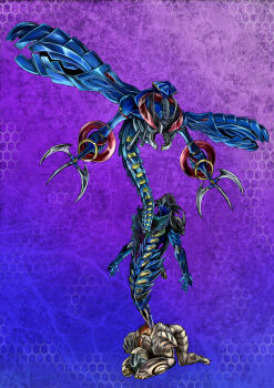 blue_background blue_skin blue_tail blue_wings bug claws colored_skin dragonfly evolution evolutionary_line gradient_background highres hydragoon insect kamen_rider kamen_rider_ryuki_(series) masukudo_(hamamoto_hikaru) monster multicolored_background no_humans purple_background raydragoons red_eyes sheerghost tokusatsu wings