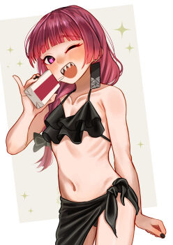 1girl ;d absurdres alcohol_carton bare_arms bare_shoulders bikini bilingual_commentary black_bikini black_bow black_nails black_sarong blush bocchi_the_rock! bow braid collarbone commentary commentary_request cowboy_shot drink_carton earrings english_commentary fingernails flat_chest frilled_bikini frills hair_bow hair_over_shoulder hakai_no_ika highres hiroi_kikuri holding holding_drink_carton jewelry long_fingernails long_hair looking_at_viewer mixed-language_commentary nail_polish navel ofuda_earrings one_eye_closed open_mouth paid_reward_available pinky_out purple_eyes purple_hair ribs sarong sharp_teeth single_braid skinny smile solo standing swimsuit teeth