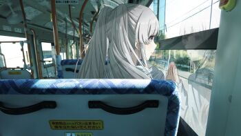 1girl blue_hoodie bus_interior commentary earbuds earphones from_behind grey_eyes grey_hair hand_grip hand_on_window highres hood hoodie idolmaster idolmaster_shiny_colors long_hair looking_to_the_side photo_background reflection sidelocks sleeves_past_wrists solo symbol-only_commentary takada_(pixiv_97599311) twintails yukoku_kiriko