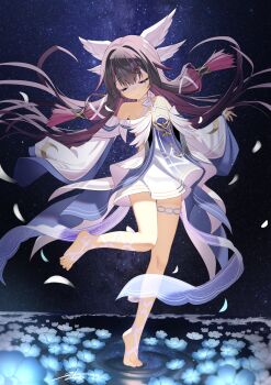 1girl bare_shoulders barefoot black_hair closed_eyes closed_mouth columbina_(genshin_impact) commentary criss-cross_halter detached_sleeves dress eye_mask flat_chest flower genshin_impact halterneck head_wings highres long_hair long_sleeves mask multicolored_hair purple_hair short_dress solo standing standing_on_one_leg streaked_hair tiptoes toes two-tone_hair white_dress white_wings wings zds