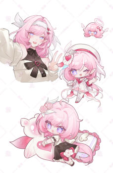 2girls ;o angel_wings beret black_skirt blue_eyes chibi chibi_only commission cropped_torso diamond-shaped_pupils diamond_(shape) dress earrings elf elf_elysia elysia_(hi_love_elf)_(honkai_impact) elysia_(honkai_impact) hairband halo hat head_only heart heart_earrings highres honkai_(series) honkai_impact_3rd hulai_de_gou_sheng jewelry little_messenger_(honkai_impact) long_hair multiple_girls multiple_views one_eye_closed pink_hair pointy_ears purple_eyes simple_background skirt smile sweater symbol-shaped_pupils very_long_hair white_background white_dress white_hairband white_sweater wings