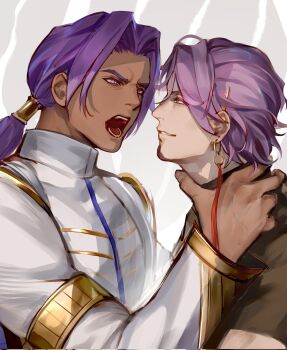 2boys angry bhima_(fate) commentary_request dark-skinned_male dark_skin duryodhana_(fate) facial_hair fate/grand_order fate_(series) goatee hair_tubes hand_on_another&#039;s_neck highres indian_clothes jacket long_hair male_focus multiple_boys open_mouth profile purple_eyes purple_hair shirt short_hair single_hair_tube strangling tokaoioi1 upper_body