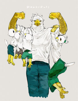 1girl 4boys animal_feet bird_boy bird_girl brown_eyes carrying carrying_person child claws double_biceps_pose eagle_boy english_text family feathers flexing furry furry_female furry_male green_skirt grey_background hanging looking_at_viewer multiple_boys muscular muscular_male nagabe original shirt shorts simple_background skirt tail white_feathers white_shirt yellow_eyes
