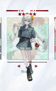 1girl alternate_costume alternate_hairstyle arknights belt black_belt black_shoes black_socks bracelet braid character_name commentary_request denim denim_jacket denim_shorts drink emphasis_lines eyewear_on_head feather_hair_ornament feathers food fruit full_body green_background hair_ornament hand_up hemorina highres holding holding_drink holding_own_hair jacket jewelry lemon lemon_slice loafers long_hair looking_to_the_side nail_polish orange_feathers patterned_background pointy_ears pouch red_eyes red_nails shoes short_sleeves shorts socks solo star_(symbol) twin_braids warfarin_(arknights) white_background