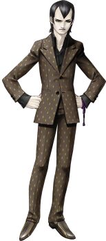 1boy beads black_hair black_shirt brown_jacket brown_pants brown_shoes closed_mouth collared_shirt full_body grey_eyes highres hikawa_(megami_tensei) jacket kazuma_kaneko loafers nenju official_art pants prayer_beads shin_megami_tensei shin_megami_tensei_iii:_nocturne shirt shoes simple_background solo standing third-party_source transparent_background widow's_peak