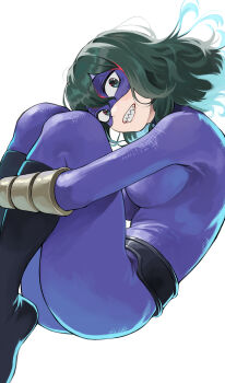 1girl absurdres ass belt black_boots blue_bodysuit bodysuit boku_no_hero_academia boots breasts commentary_request domino_mask eye_mask fengling_(furin-jp) green_eyes green_hair grin highres large_breasts looking_at_viewer mask purple_bodysuit purple_mask reptile_girl scales sharp_teeth short_hair skin_tight smile solo teeth thighs tokage_setsuna