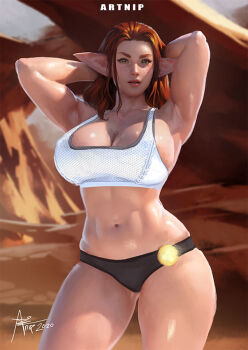 1girl abs armpits arms_behind_head arms_up artnip breasts cleavage curvy elf green_eyes huge_breasts large_breasts long_hair looking_at_viewer monster_hunter:_world monster_hunter_(series) navel orange_hair pointy_ears solo sports_bra sportswear standing thighhighs