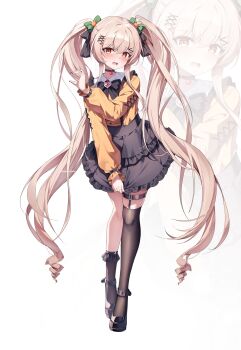 1girl absurdres black_bow black_bowtie black_nails black_shoes black_skirt black_thighhighs blush bow bowtie dress drill_hair gam_gyuri green_bow hair_between_eyes hair_bow hair_ornament hairclip heart high_heels highres indie_virtual_youtuber jewelry long_hair open_mouth orange_eyes orange_hair orange_shirt shirt shoes skirt solo thigh_strap thighhighs twin_drills twintails ugwa virtual_youtuber white_background x_hair_ornament zoom_layer