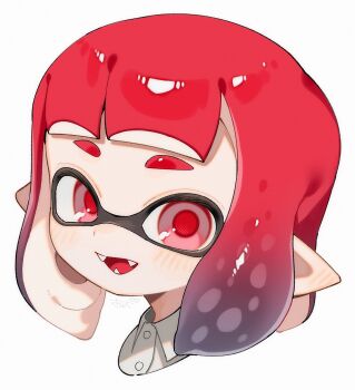 1girl commentary_request highres inkling_girl inkling_player_character looking_at_viewer nintendo pointy_ears portrait red_eyes red_hair red_pupils sabata_saba simple_background smile solo splatoon_(series) teeth tentacle_hair thick_eyebrows white_background