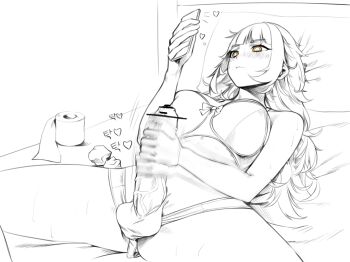 1girl blush bra cellphone futanari highres long_hair lying masturbation monochrome norunollu on_back on_bed original panties phone smartphone toilet_paper underwear yellow_eyes