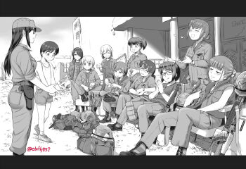 1boy 6+girls age_difference army ass assault_rifle blush boots break_action breasts combat_boots combat_helmet commentary_request dog_tags ebifly flak_jacket full_metal_jacket grenade_launcher gun handgun heart helmet highres holding holding_gun holding_weapon holster holstered imminent_gangbang jacket large_breasts licking_lips m16 m16a1 m1911 m60_(machine_gun) m79 machine_gun military military_combat_uniform military_fatigues military_uniform multiple_girls original rifle ruins shirt short_hair shorts singlet sitting smile soldier squatting sunglasses tet_offensive tongue tongue_out vietnam_war weapon you_gonna_get_raped