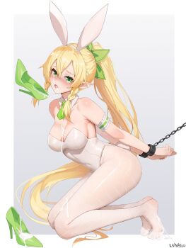Rule 34 | 1girl, animal ears, arms behind back, artist name, bare shoulders, bdsm, blonde hair, blush, bondage, bound, bound arms, bound wrists, braid, breasts, chain, chained, cleavage, covered navel, cuffs, cum, cum in mouth, cum on body, cum on breasts, cum on clothes, cum on upper body, cumdrip, detached collar, elf, facial, fairy (sao), fake animal ears, fake tail, feet, fishnet pantyhose, fishnets, full body, gradient background, green eyes, green footwear, green necktie, grey background, hair between eyes, handcuffs, high heels, highres, kneeling, large breasts, leafa (sao), legs, leotard, long hair, looking at viewer, necktie, no shoes, open mouth, pantyhose, playboy bunny, pointy ears, ponytail, rabbit ears, rabbit tail, restrained, ribbon, shackles, shoes, short necktie, sidelocks, simple background, solo, strapless, strapless leotard, tail, toes, twin braids, unworn shoes, very long hair, white leotard, white pantyhose, xnnagu